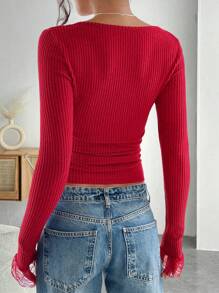 Chiquease Lace Patchwork Knitted Fitted Slim Pullover T-Shirt - Red - View 2