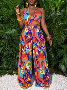 Slaydiva Holiday Elegant Sexy Sleeveless Marble Pattern Hollow Waist Wide Leg Jumpsuit - Multicolor - View 6