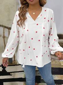SHEIN LUNE Plus Size Women's Five-Star Print V-Neck Tie Front Long Sleeve Casual Shirt, Spring/Summer - Red and White - View 5