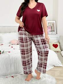 Ensemble pyjama grande taille avec Top à manches courtes imprimé cœur et pantalon à carreaux, style minimaliste - Rouge - Voir 2