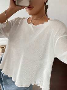 Dazy Plus Loose Round Neck Semi-Sheer Cropped Top For Women, White, Spring/Summer