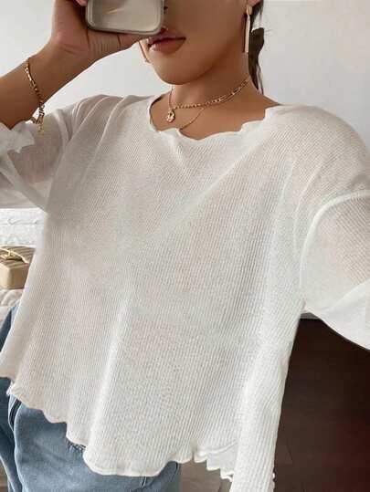 Dazy Plus 女式加大码宽松圆领半透视短款上衣，白色，春夏长袖女式上衣