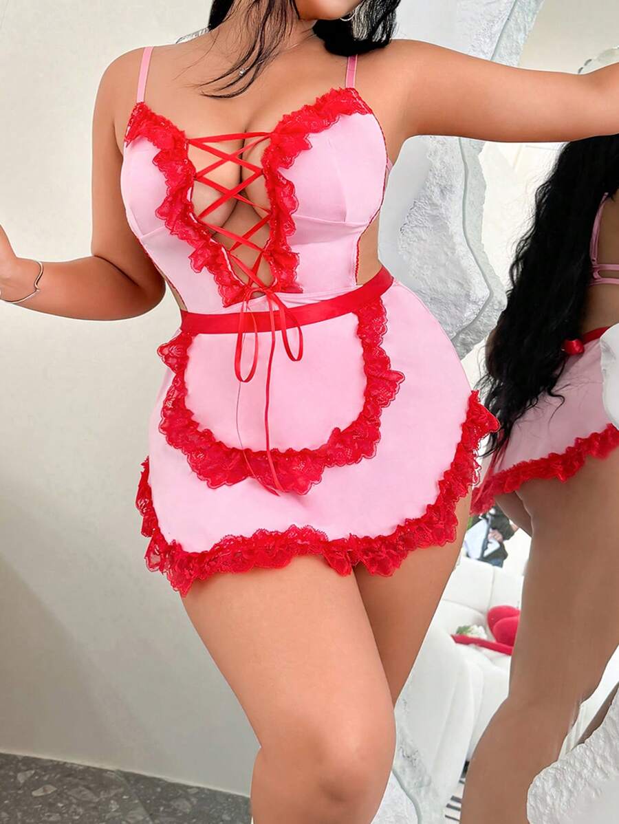 2pcs/Set Plus Size Lace Patchwork Hollow Minimalist Jumpsuit & Apron - Pink - View 1