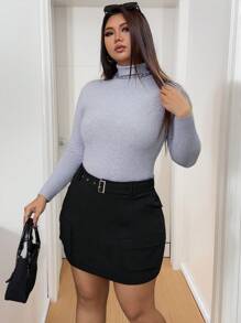 Calvaya Plus Size Women American Casual Utility Pocket Belted Mini Skirt - Black - View 7