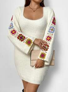 Celure Vestido holgado de punto bordado de colores para mujer de talla grande