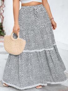 SHEIN VCAY Falda recta de talla grande con bolsillos, en tela de lunares y estampado floral patchwork, casual, para el Día de San Valentín