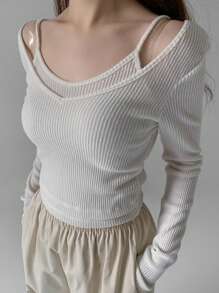 DAZY 2 piezas Conjunto de top camisola de mujer de unicolor con escote en V, blanco, primavera/verano