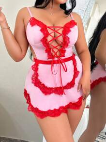 2pcs/Set Plus Size Lace Patchwork Hollow Minimalist Jumpsuit & Apron - Pink - View 5