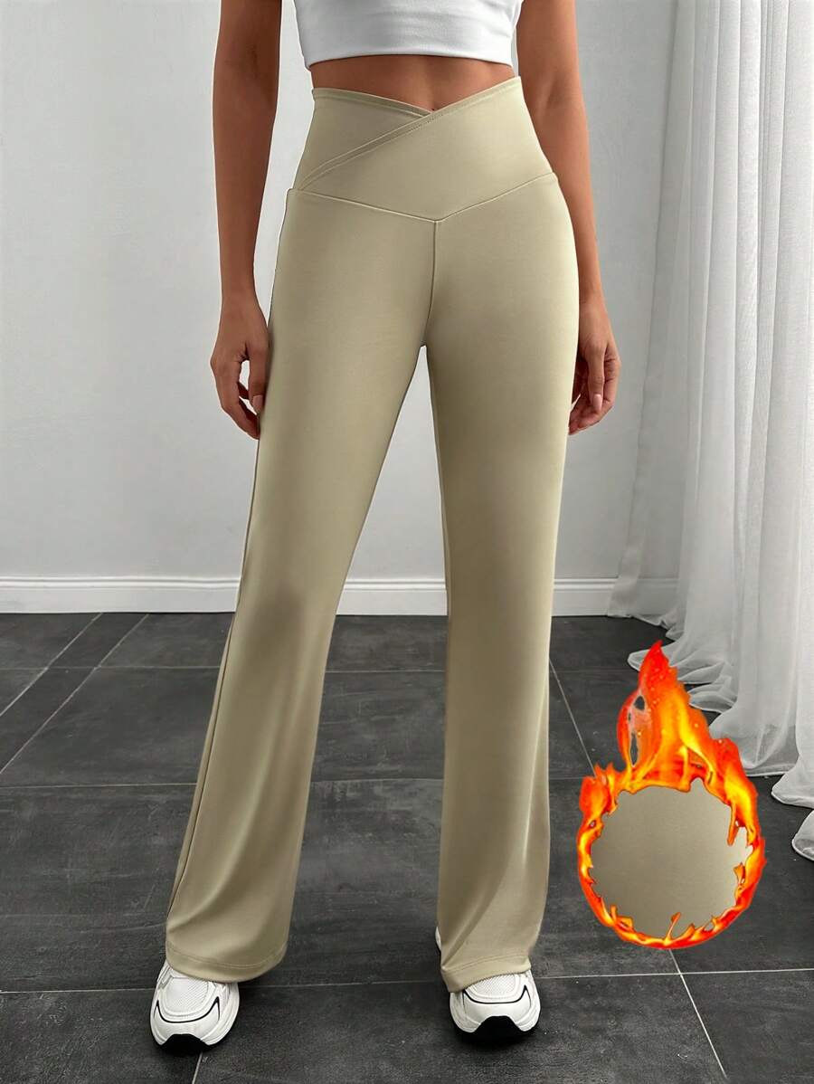 SHEIN Women's Solid V Waist Flare Leg Pants - Beige - View 1