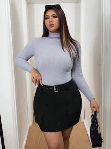 Calvaya Plus Size Women American Casual Utility Pocket Belted Mini Skirt - Black - View 3