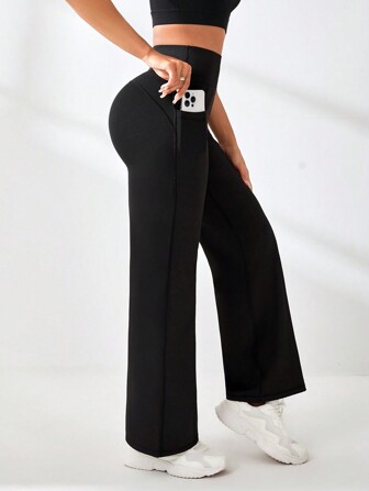 Eassivo Women's Solid Color High Waist Pocket Simple Casual Sports Pants