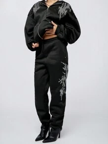 SUMWON WOMEN 水钻装饰慢跑运动服冬季秋季家居服运动服现代运动休闲两件套拉链前运动服 - 黑色 - 查看 4