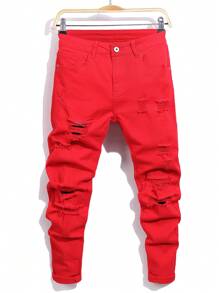 Manfinity LEGND Men's Casual Plain Ripped Jeans, Simple & Fashionable For Everyday Wear - Red - View 1