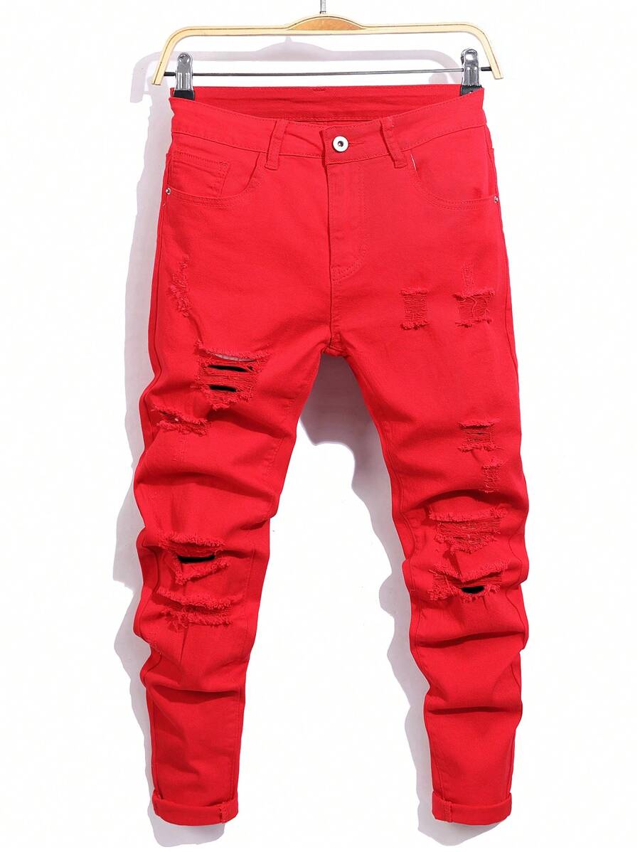 Manfinity LEGND Men's Casual Plain Ripped Jeans, Simple & Fashionable For Everyday Wear - Red - View 1