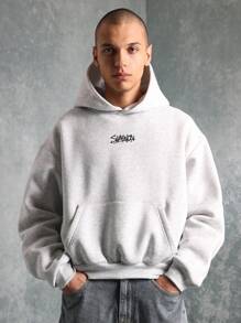 Sumwon Streetwear 连帽套头衫，带有都市图案背面印花休闲运动休闲服，超大口袋设计 - 淺灰色 - 查看 2