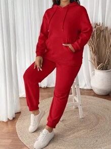SHEIN VCAY Plus Size Women Solid Color Drop Shoulder Long Sleeve Drawstring Hoodie & Sweatpants Casual Suit