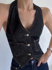 DAZY Top canotta da donna in denim, halter, senza schiena, con lacci