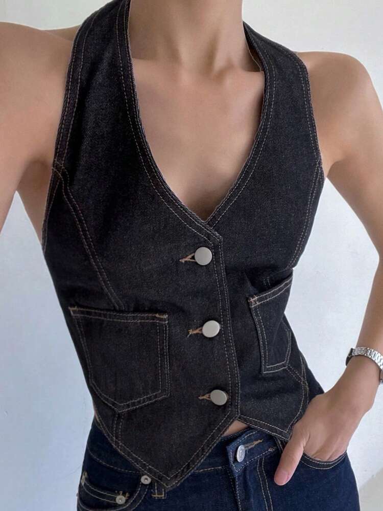 Women's Denim Halter Backless Tie Strap Tank Top