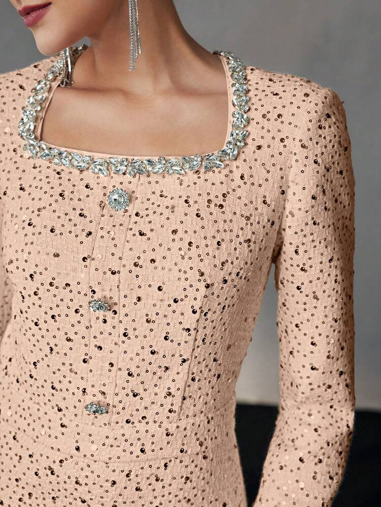 RHINESTONE DETAIL SEQUIN DRESS