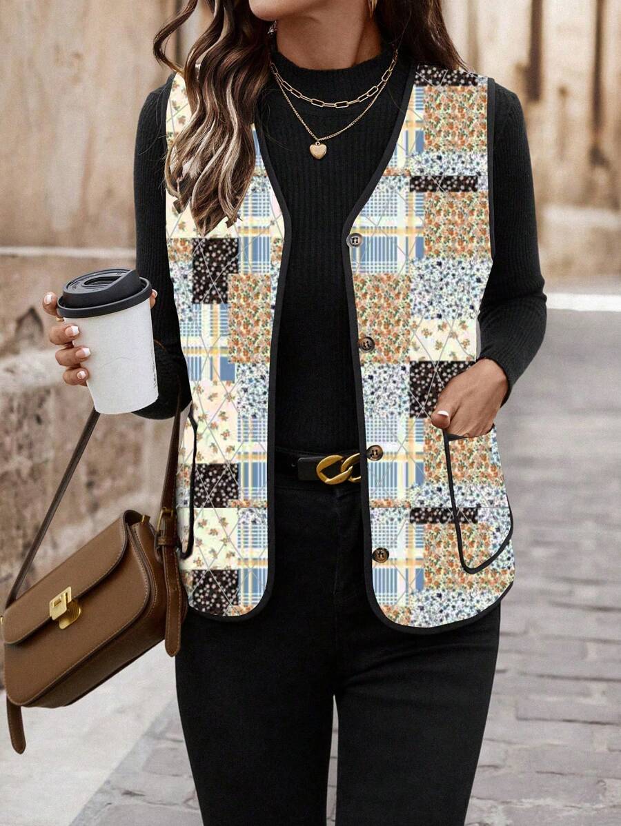 SHEIN LUNE Áo khoác độn không tay họa tiết da báo cho nữ mùa đông - Nhiều màu - Xem 1