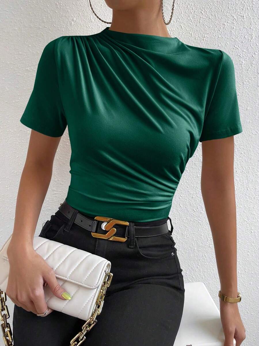 Chiquease Solid Color Round Neck Short Sleeve Casual T-Shirt - Dark Green - View 1