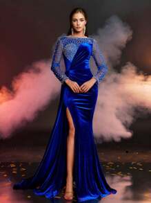 Glamrae Elegant And Luxurious Sheer Long Sleeve Rhinestone And Pearl Embellished Stretch Silk Fabric Gathered Ruffle Slit Mermaid Skirt With Side Panels For Wedding Events Bachelorette Party, Prom, Formal Event Evening Dress (Heavily Embroidered Design)
