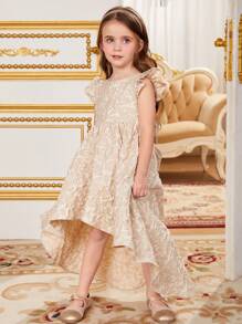 SHEIN Young Girl Jacquard Ruffle Trim Chiffon Dress - Apricot - View 4