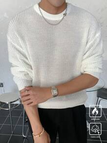 Manfinity CasualKnits Men's Solid Color Round Neck Long Sleeve Casual Sweater, Autumn/Winter - White - View 1