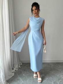 Elenzga Women Blue Sleeveless Drape Design Fitted Dress - Blue - View 3