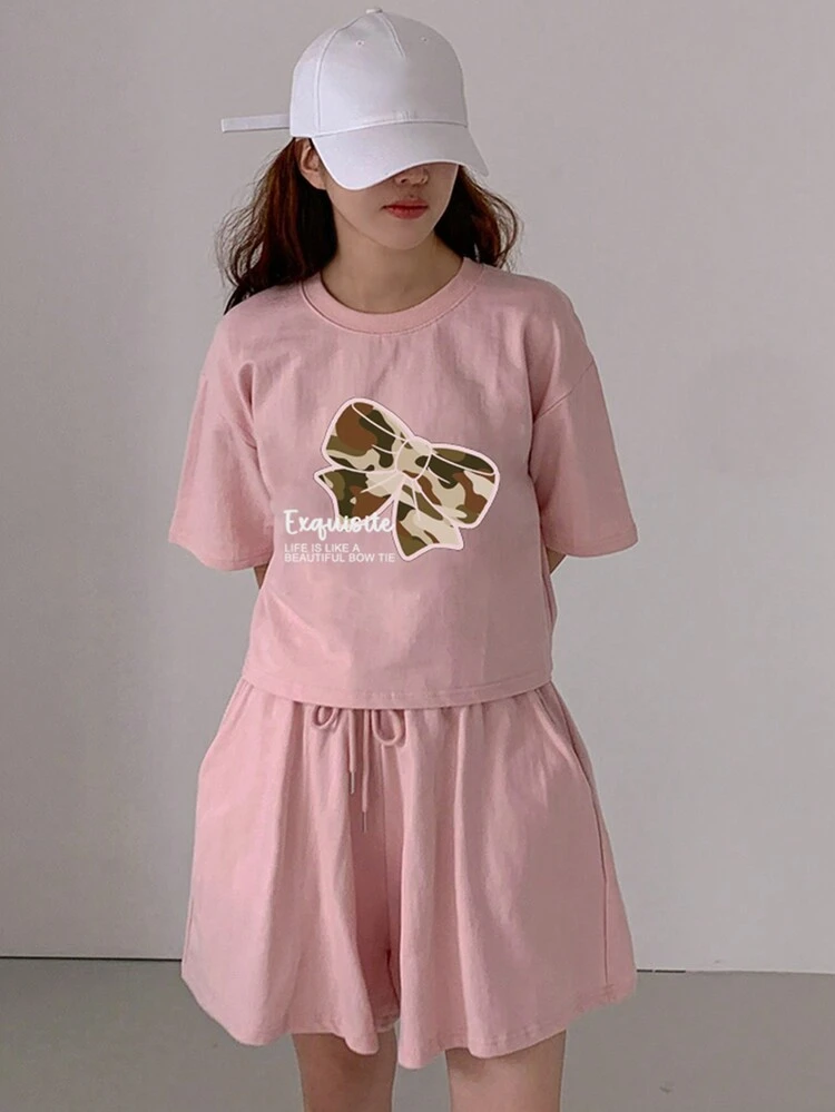 2pcs Women Bow Print Loose Blouse And Pants Set, Pink, Spring/Summer