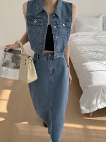 DAZY Women's Denim 2 Pieces Set: Sleeveless Top & Skirt - Blue - View 2