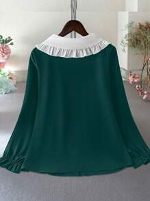 Calvaya Plus Size Color Block Peter Pan Collar Casual Shirt, Autumn