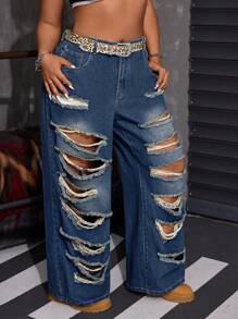SHEIN ICON Jeans anchos de pierna ancha y desgastados para mujer de talla grande