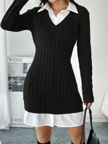 SHEIN Essnce Váy len nữ mùa thu màu xám phong cách Miumiu mặc đi làm, Váy len 2 trong 1, Váy ngắn dài tay bó sát mặc đi làm hàng ngày, Trang phục công sở, Trang phục mùa thu cho nữ, Váy giáng sinh cho nữ, Váy ôm bó sát mini ngày lễ tình nhân - màu đen - Xem 3