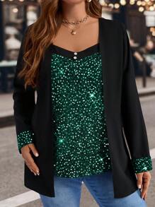EMERY ROSE Plus Size Women Black 2 In 1 Shirt, Autumn/Winter - Dark Green - View 4