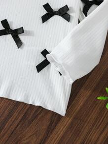 SHEIN Toddler Girls' Long Sleeve Round Neck Cute Bow Decor Top T-Shirt, Casual Comfortable And Versatile For Outdoor, Spring & Autumn - White - View 5