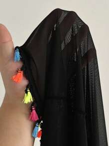 Swim Vcay Summer 2pcs Plus Size Beach Vacation Colorful Tassel Patchwork Kimono Cover Up - Black - View 6