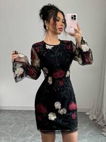 Elenzga Women's Floral Embroidery Mesh Flared Sleeve Short Elegant Dress - Black - View 5