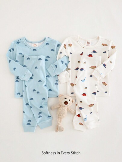 Cozy Pixies 4pcs Baby Boy Snug Fit Pajama Set, Cartoon Dinosaur Print Knitted Soft Crew Neck Long Sleeve Top And Elastic Waist Long Pants