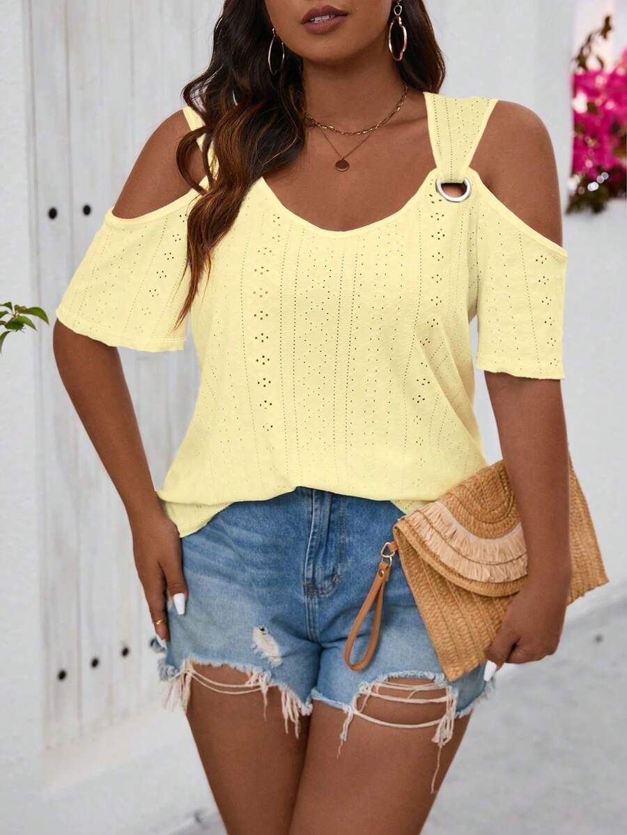 SHEIN LUNE Plus Size Metallic Decor Jacquard Cold Shoulder Top For New Year Clothes