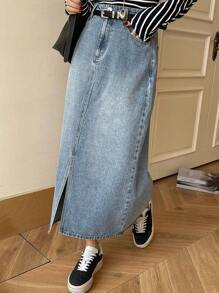 DAZY 1pc Women's Simple Denim Casual Skirt With Side Pockets, Daily Wear