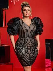 SHEIN Belle Đầm dự tiệc sang trọng tay bồng bềnh họa tiết hoa sequin màu đen cỡ lớn gợi cảm cho tiệc cocktail - màu đen - Xem 3