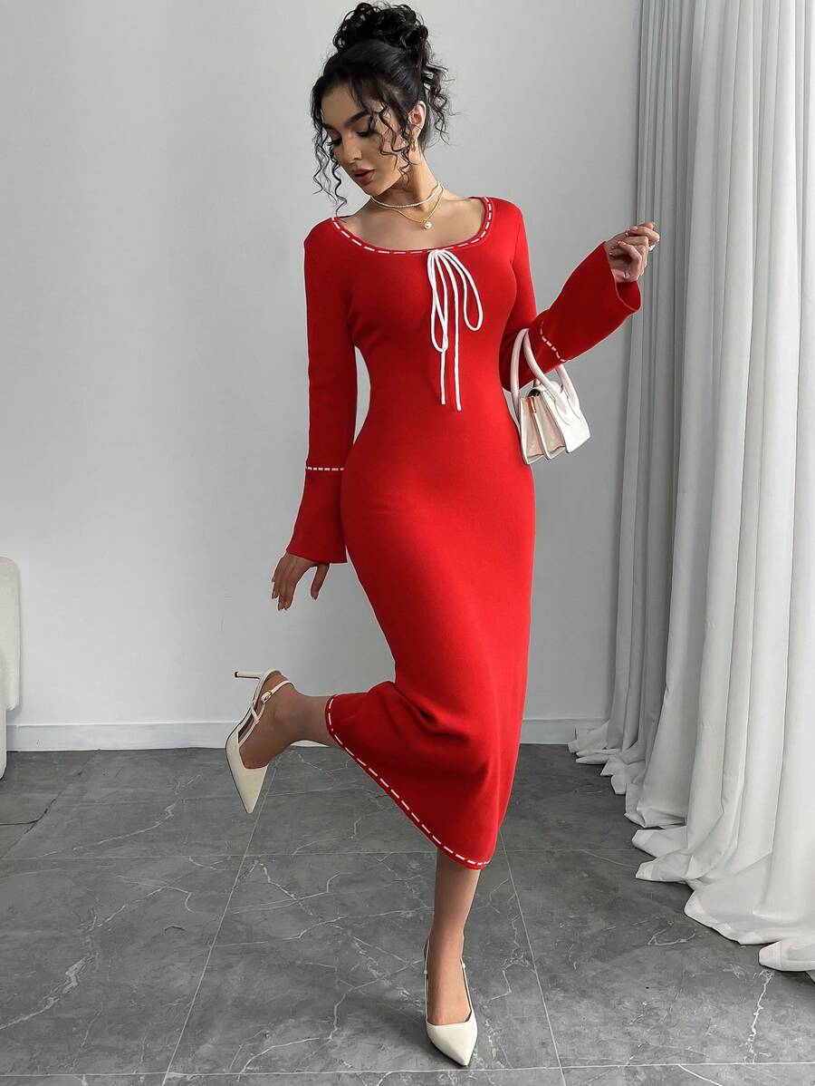 SHEIN Unity 女士长袖黑色返校礼服,女士仙女毛衣裙,公主风格针织连衣裙,适合秋季 - 紅色 - 查看 1