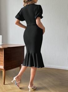 SHEIN Maternity Lantern Sleeve Ruffle Hem Bodycon Dress - Pink - View 3