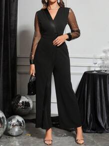 SHEIN Clasi 女士金色亮片装饰 V 领长袖连体裤，金色连衣裙 - 黑色 - 查看 3