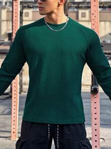 Manfinity Sport Corelite Men's Casual Solid Color Raglan Sleeve Sports Sweatshirt, Autumn - Dark Green - View 5