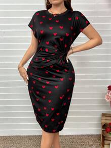 SHEIN LUNE Vestido de manga corta con nudo en la cintura en color negro con diseño de corazón para mujer de talla grande, ideal para el Día de San Valentín, el amor, la primavera y el verano, regalo y atuendo de San Valentín