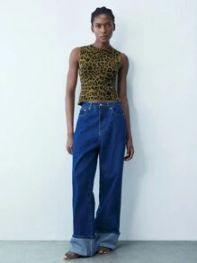 Maija Women's Autumn/Winter Sleeveless Fitted Leopard Print Knit Top,Hippie
