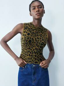 Maija Women's Autumn/Winter Sleeveless Fitted Leopard Print Knit Top,Hippie
