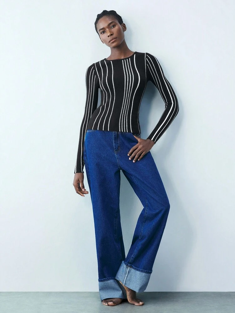 SHEIN Maija Wome's Spring Striped Round Neck Long Sleeve Casual Sweater, Festival